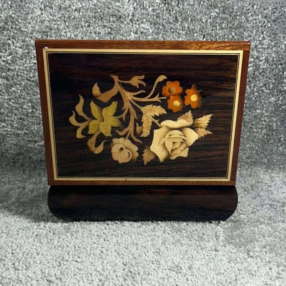 Reuge Music Box Brown Floral‎ Marquetry Lara's Theme Italy Vintage